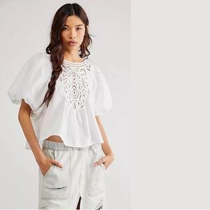 Free People Bardot Lace Front Puff Sleeve Top size M